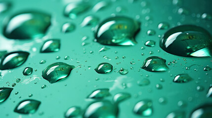 Closeup of water drops sliding on wet surface. Green background. Generative AI