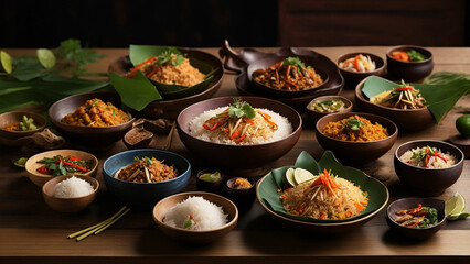 Rice Thai dishes on a wooden table. From curries to stir-fries, capture the delicious harmony from a side view