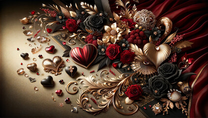 Valentines day chic greeting card with flowers, diamonds, textile luxurious composition