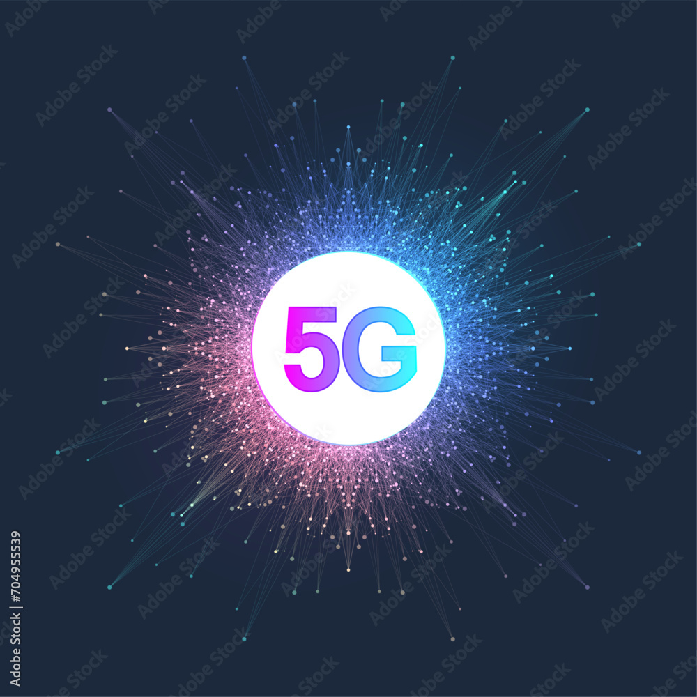 Poster 5G network wireless systems and internet vector illustration. Communication network. Business concept banner. Artificial Intelligence and Machine Learning Concept Banner.