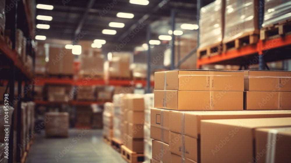 Wall mural dimly lit warehouse aisle with high shelves filled with neatly stacked boxes, ready for distribution