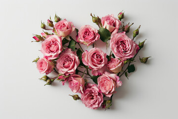 Pink Roses Laid Out In Heart Shape On White Background Top View