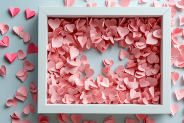 Pink Paper Hearts Within White Square Frame, Illustrating Valentines Day Concept