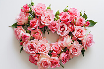 Top View Of A Heart-Shaped Arrangement Of Pink Roses On A White Background