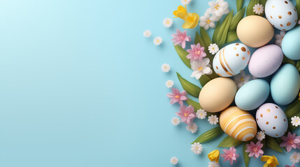 Fototapeta na wymiar Easter painted colorful eggs, spring flowers on blue background. Greeting card, banner design with copy space.