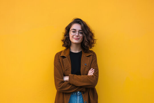 Confident Woman Exuding Self-Assuredness Against Plain Background