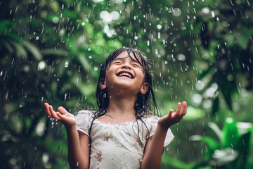 Little Asian girl exposed her face to the raindrops, enjoying the tropical rain