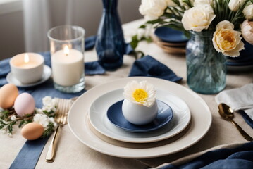 Fototapeta na wymiar Easter table setting . Easter eggs, decor , vase with flowers. White, dark blue colors . 