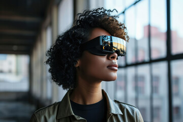 Smart Glasses Worn By Female Event Planner. Сoncept Virtual Reality Headsets For Gaming, Elegant Tech Accessories For Women, High-Tech Fashion For Event Planners