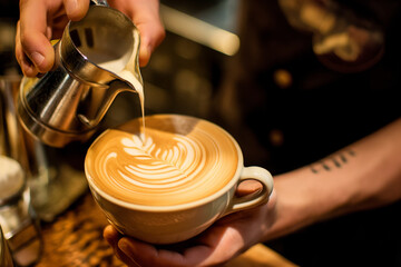 Fototapeta na wymiar bartender's hands preparing a delicious cappuccino, close up