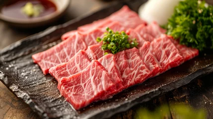 Foto op Plexiglas Sliced wagyu marbled beef for yakiniku on plate on black background, Premium Japanese meat. AI Generative © ImageFusion