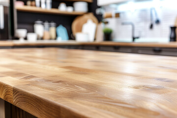 Empty wood table top and blur bokeh modern kitchen interior