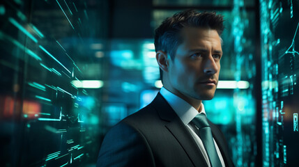 Fototapeta premium Portrait of a cyber data security specialist on an abstract technology background
