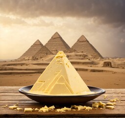 Cupcake with cheese on wooden table in front of pyramids