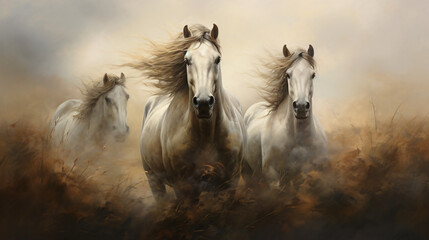 Three horses in the field - obrazy, fototapety, plakaty