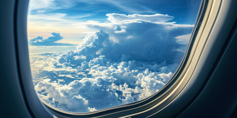Naklejka premium Sky view from an airplane window. White-blue clouds, sun rays. Travel by plane concept. Generative AI