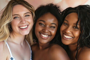 portrait of three smiling plump women of different nationalities in swimsuits, body positivity concept
