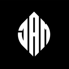 JAM circle letter logo design with circle and ellipse shape. JAM ellipse letters with typographic style. The three initials form a circle logo. JAM circle emblem abstract monogram letter mark vector.