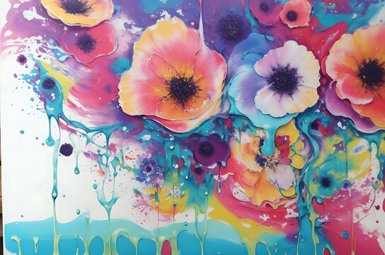 A painting colored with acrylic pouring techniques to create a fluid, abstract background filled with blurred flower shapes.