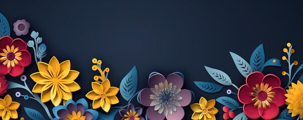 Floral frame on dark blue background. Colorful paper spring flowers and leaves wallpaper. Bright greeting card design for holiday, Mothers day, Easter, Valentine day. Papercraft, quilling