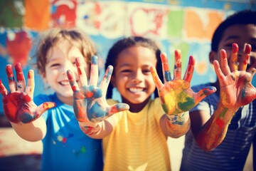 Happy diverse children raising painted hands kindergarten child kids playing playful joyful...