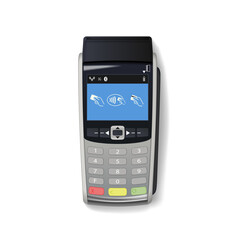 Payment terminal mockup. Pos terminal with blank screen. Credit card terminal isolated on white background. Cash register. Credit card machine. illustration