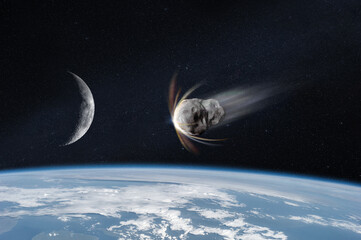 Asteroid in outer space near Earth planet. Meteorite on orbit of Earth. Elements of this image furnished by NASA. © Paopano