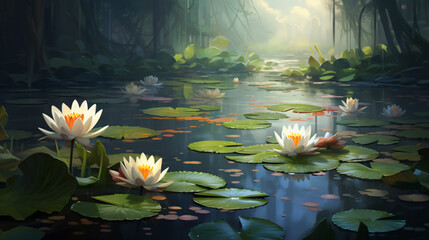Fototapeta na wymiar Water lily and lily pads