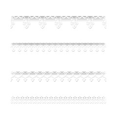Set of white seamless lace borders with shadows, ornamental paper lines, - obrazy, fototapety, plakaty