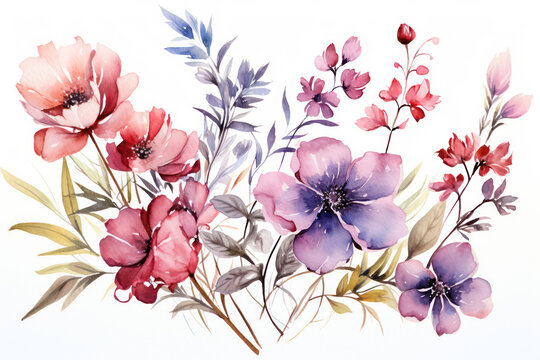 Vintage Floral Watercolor Illustration: Romantic Spring Blooms in a White Garden.