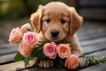 A cute lover valentine puppy dog with flowers love card concept