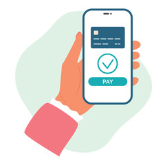 Online payment via credit or debit card. Female hand holds smartphone with approved payment. Vector.