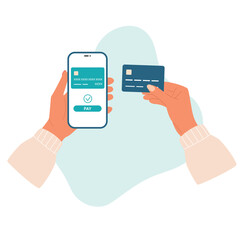 Wireless payment by credit card. Hand with smartphone. Online shopping by phone and connected card. Vector.