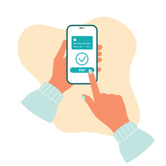 Hand with smartphone with wireless payment by credit card on screen. Online shopping. Vector.