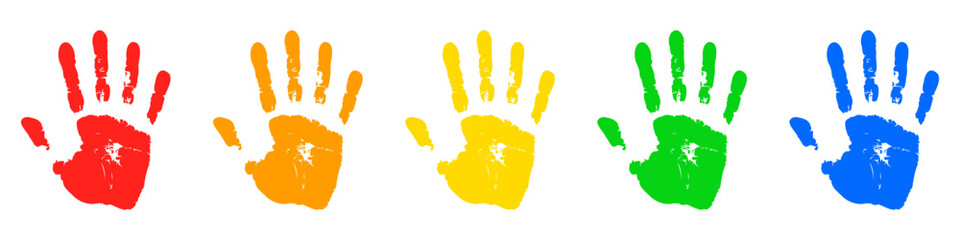 Multicolored prints of hands on a white background. Colored children's handprint. Bright handprints. Symbol of friendliness. Vector illustration EPS 10 - obrazy, fototapety, plakaty