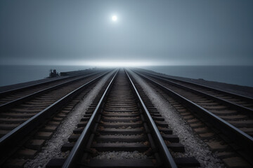Fototapeta premium Train tracks going straight towards the horizon over a dark sea, foggy and dark atmosphere