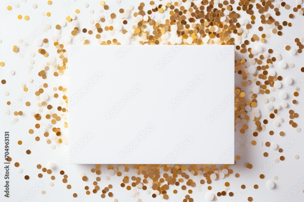 Wall mural empty white greeting card over scattered golden sequins, glitter and confetti isolated on white back