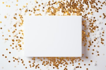 Empty white greeting card over scattered golden sequins, glitter and confetti isolated on white background with blank space. Mockup template. Flat lay, top view with place for text