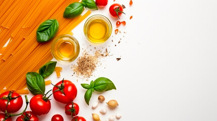 Composition with pasta and cooking ingredients on white background, top view