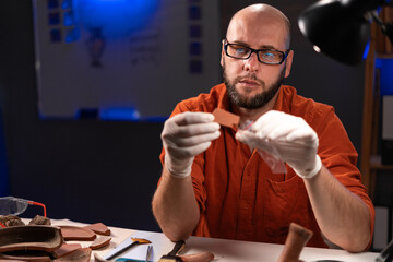 Bearded middle-aged archaeologist working overtime at night in the office studying ancient artifacts