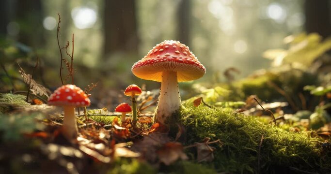 fly agaric, fly amanita growing on the forest ground on a beautiful morning with light rays shining through the trees, poisonous toxic red mushroom concept