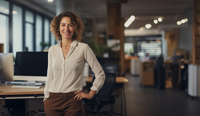Smiling warmly, a woman with curly hair and white blouse stands casually against an office, radiating positivity and collaborative spirit. Casual professionalism and friendly corporate culture.