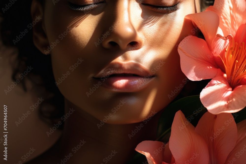 Wall mural beautiful young mexican woman with smooth tanned skin with exotic plants and flowers. natural cosmet