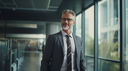A grey-haired mature businessman in a stylish suit and designer glasses projects an image of seasoned leadership in the office. The embodiment of experienced and sophisticated corporate leadership