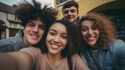 Obraz premium A group of diverse, cheerful young adults takes a selfie, representing the joy of friendship and the casual moments in urban landscape. The image captures the spontaneity of youthful city life
