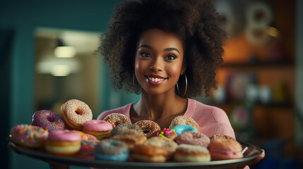 Sweet Selection Showcase, joyous woman presents a selection of doughnuts, her face a picture of happiness and temptation.