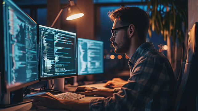 A middle-aged programmer with experience sits at a computer and does coding.