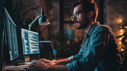 Obraz premium A middle-aged programmer with experience sits at a computer and does coding.