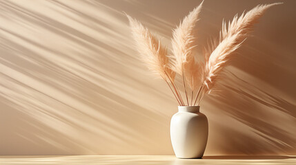 Pampas Grass in Minimalist Vase, Soft pampas grass plumes in a sleek white vase casting long shadows on a warm beige backdrop, creating a tranquil aesthetic