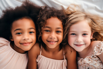 Portrait of smiling three little girls of different nationalities lying together in bed, girlfriends